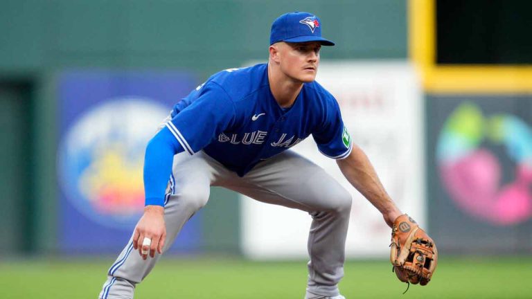 Toronto Blue Jays third baseman Matt Chapman takes up a defensive stance during a baseball game against the Cincinnati Reds in Cincinnati, Friday, Aug. 18, 2023. (Jeff Dean/AP)