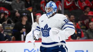 Toronto Maple Leafs goaltender Joseph Woll (60) looks on during the first period of an NHL hockey game against the Washington Capitals, Tuesday, Oct. 24, 2023, in Washington. (Nick Wass/AP)