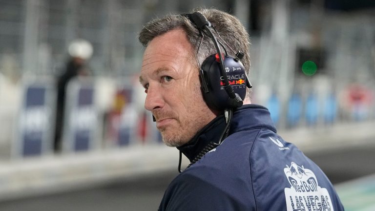 Christian Horner, team principal of Red Bull, looks down pit lane during the first practice session for the Formula One Las Vegas Grand Prix auto race, Thursday, Nov. 16, 2023, in Las Vegas. (Darron Cummings/AP) 