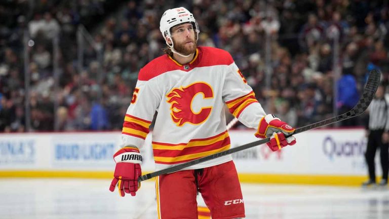 Calgary Flames defenceman Noah Hanifin in the third period of an NHL hockey game Saturday, Nov. 25, 2023, in Denver. (AP)