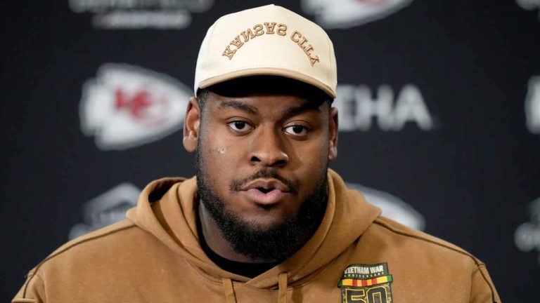 Kansas City Chiefs guard Trey Smith talks to the media after the NFL football team's practice Friday, Jan. 26, 2024, in Kansas City, Mo. (Charlie Riedel/AP)