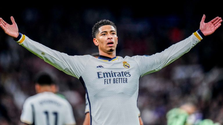 Real Madrid's Jude Bellingham celebrates after scoring his side's third goal during a Spanish La Liga soccer match between Real Madrid and Girona at the Santiago Bernabeu stadium in Madrid, Spain, Saturday, Feb. 10, 2024. (Manu Fernandez/AP) 