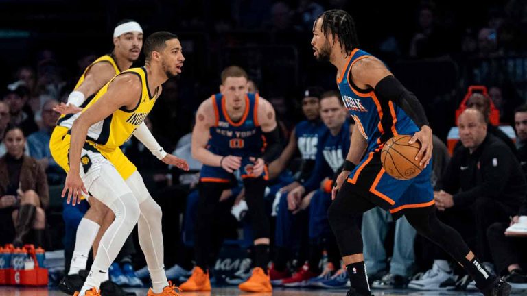 New York Knicks guard Jalen Brunson (11) is defended by Indiana Pacers guard Tyrese Haliburton, left, during the first half of an NBA basketball game in New York, Saturday, Feb. 10, 2024. (Peter K. Afriyie/AP)