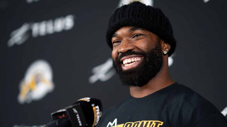 Hamilton Tiger Cats linebacker Simoni Lawrence (21) speaks during a media availability in Hamilton, Ont., Monday, Nov. 6, 2023. (Peter Power/CP)