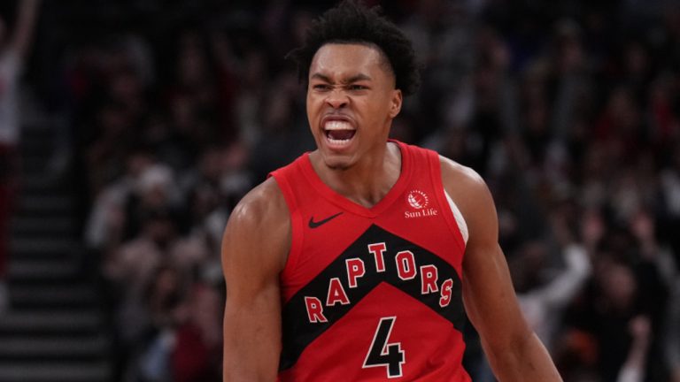 Toronto Raptors' Scottie Barnes celebrates scoring during NBA basketball action against the Indiana Pacers in Toronto on Wednesday, Feb. 14, 2024. Raptors general manager Bobby Webster presented Barnes with an all-star ball during a brief pre-game ceremony ahead of Toronto's 127-125 loss to the visiting Indiana Pacers on Wednesday. THE CANADIAN PRESS/Chris Young 