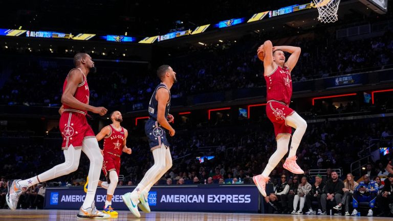 Denver Nuggets centre Nikola Jokic (15) goes up for a dunk during the first half of an NBA All-Star basketball game in Indianapolis, Sunday, Feb. 18, 2024. (AP)