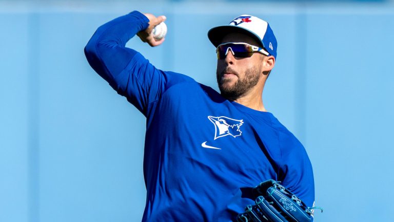 Toronto Blue Jays George Springer throws during Spring Training action in Dunedin, Fla. on Thursday, February 22, 2024. (Frank Gunn/CP)