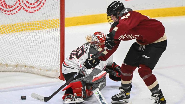 Montreal's Claire Dalton (42) moves in to score on Ottawa goaltender Emerance Maschmeyer during second period PWHL hockey action in Montreal, Saturday, February 24, 2024. (Graham Hughes/CP)