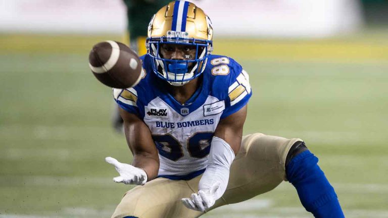 Winnipeg Blue Bombers' Bailey (88) makes a catch against the Edmonton Elks during second half CFL action in Edmonton, Alta., on Thursday August 10, 2023. (Jason Franson/CP)