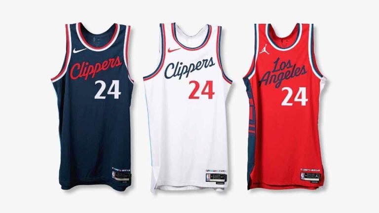 This undated image provided by the Los Angeles Clippers basketball team shows the new Clippers uniforms and colors for use in the 2024-25 NBA season. The Los Angeles Clippers unveiled new uniforms and logo on Monday, Feb. 26, 2024, that the team will begin using next season when it moves into its new arena. (Los Angeles Clippers via AP)