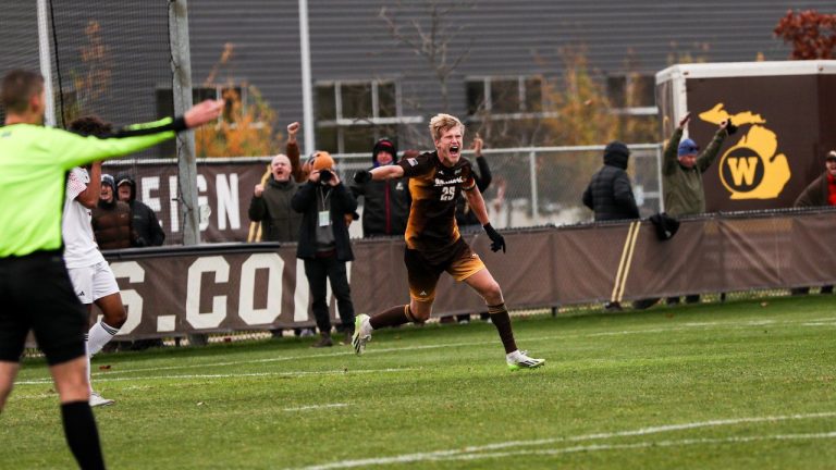 Western Michigan forward Charlie Sharp signed with Toronto FC 2 today. Sharp (25) celebrates one of his two goals in Western Michigan’s 3-1 win over Northern Illinois in the Missouri Valley Conference semifinal, in Kalamazoo, Mich., in a Nov. 8, 2023, handout photo. (CP/HO-Western Michigan, Ashley Huss)