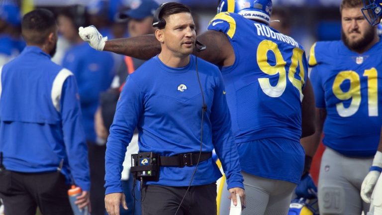 Los Angeles Rams linebackers coach Chris Shula on the sideline while playing the Jacksonville Jaguars during an NFL football game Sunday, Dec. 5, 2021, in Inglewood, Calif. (AP Photo/John McCoy)