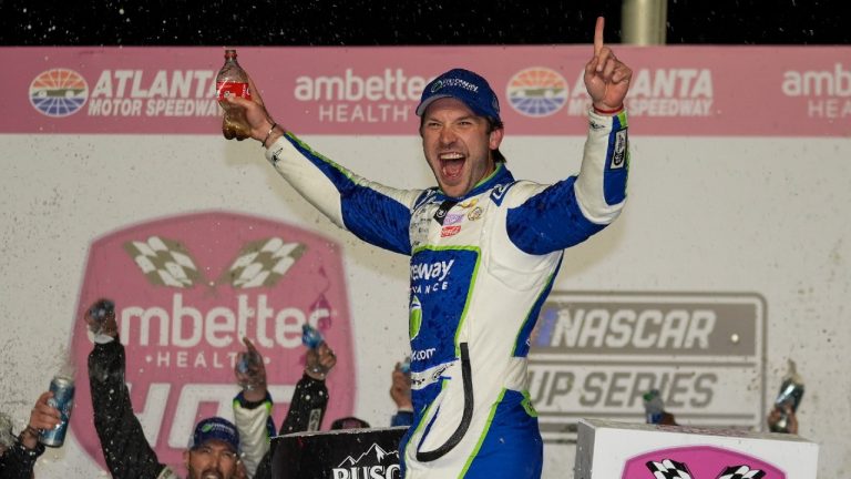 Daniel Suarez reacts after winning the NASCAR auto race at Atlanta Motor Speedway Sunday, Feb. 25, 2024, in Hampton , Ga. (John Bazemore/AP)