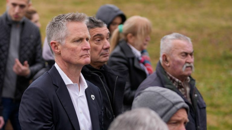 Golden State Warriors head coach Steve Kerr, left, attends the funeral of late Golden State Warriors assistant coach Dejan Milojevic in Belgrade, Serbia, Monday, Feb. 12, 2024. Milojevic, 46, died on Jan. 17, in Salt Lake City after heart attack. (Darko Vojinovic/AP)