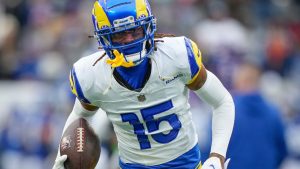 Los Angeles Rams wide receiver Demarcus Robinson (15) before an NFL football game against the New York Giants on Sunday, Dec. 31, 2023, in East Rutherford, N.J. (Bryan Woolston/AP)