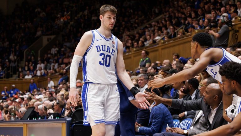 Duke's Kyle Filipowski (30) walks to the bench during an NCAA college basketball game in Durham, N.C., Saturday, Jan. 27, 2024. (Ben McKeown/AP)