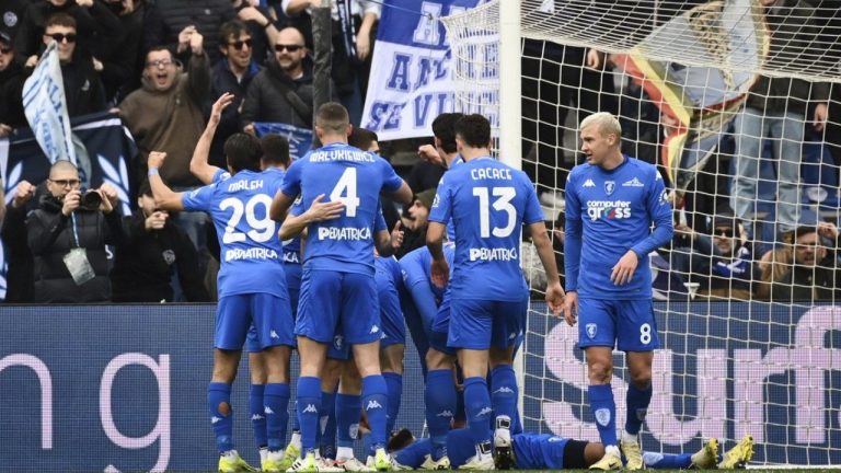 Simone Bastoni scored deep in stoppage time to help Empoli snatch a 3-2 win at Sassuolo on Saturday in Serie A. (Massimo Paolone/LaPresse via AP)