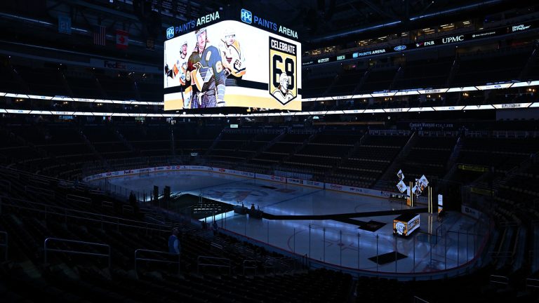 PITTSBURGH, PENNSYLVANIA - FEBRUARY 18: A general view of the ice prior to the jersey retirement ceremony for Jaromir Jagr before the game between the Pittsburgh Penguins and the Los Angeles Kings at PPG PAINTS Arena on February 18, 2024 in Pittsburgh, Pennsylvania. (Photo by Justin Berl/Getty Images)