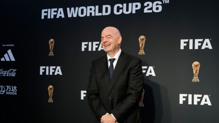 FIFA President Gianni Infantino arrives for a ceremony unveiling the official brand of the 2026 FIFA World Cup at the Griffith Observatory in Los Angeles Wednesday, May 17, 2023. (Jae C. Hong/AP Photo)