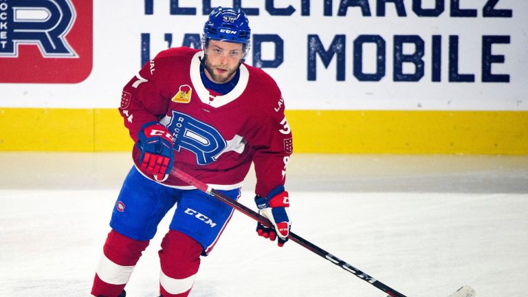 Laval Rocket’s Brandon Gignac skates prior to an AHL playoff hockey game against the Syracuse Crunch in Laval, Que., Thursday, May 12, 2022. (Graham Hughes/CP Photo)