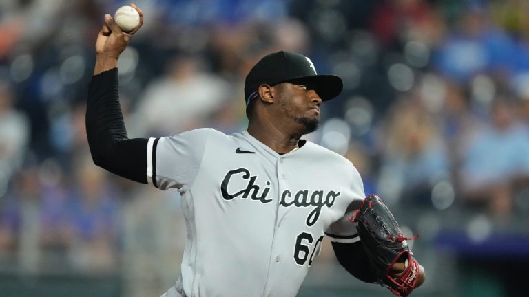 Chicago White Sox relief pitcher Gregory Santos throws during the eighth inning of a baseball game against the Kansas City Royals Wednesday, Sept. 6, 2023, in Kansas City, Mo. (Charlie Riedel/AP)