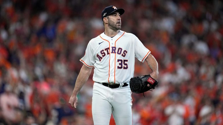 Houston Astros starting pitcher Justin Verlander walks off the mound after the first inning in Game 1 of an American League Division Series baseball game against the Minnesota Twins, Saturday, Oct. 7, 2023, in Houston. (Kevin M. Cox/AP)