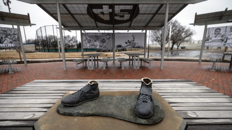 A bronze statue of legendary baseball pioneer Jackie Robinson was stolen from a park in Wichita, Kan., during the early morning hours of Thursday, Jan. 25, 2024. (Travis Heying/The Wichita Eagle via AP)