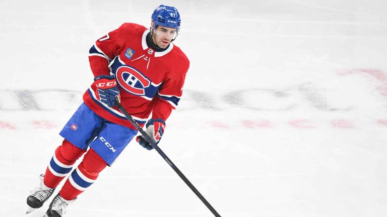 Montreal Canadiens' Jayden Struble skates prior to an NHL hockey game. (Graham Hughes/CP)