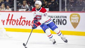 Montreal Canadiens defenceman Jayden Struble (47) skates with the puck during third period National Hockey League action. (Richard A. Whittaker/Getty Images)