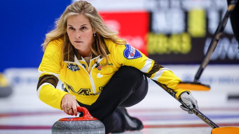 Team Manitoba-Jones skip Jennifer Jones makes a shot against Team New Brunswick at the Scotties Tournament of Hearts in Calgary, Monday, Feb. 19, 2024. (Jeff McIntosh/CP)