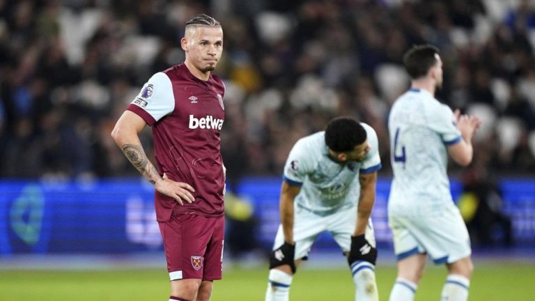 Kalvin Phillips started his loan spell at West Ham by making an error leading to a goal inside three minutes of a 1-1 draw with Bournemouth. (Adam Davy/PA via AP)