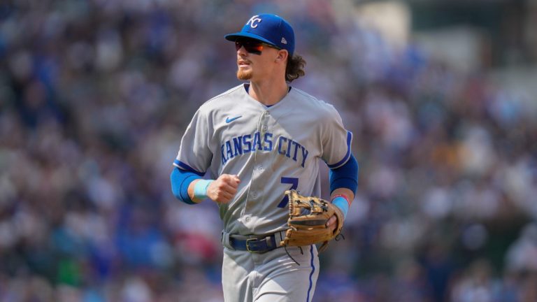 Kansas City Royals shortstop Bobby Witt Jr. jogs off the field during the seventh inning of a baseball game against the Chicago Cubs Friday, Aug. 18, 2023, in Chicago. The Royals won 4-3. (Erin Hooley/AP)