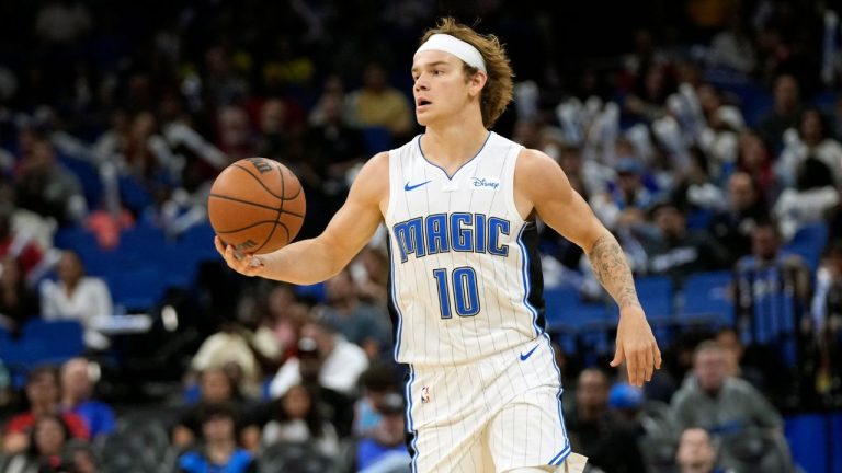 Orlando Magic guard Mac McClung moves the ball against Brazil Flamengo during the second half of a preseason NBA basketball game, Friday, Oct. 20, 2023, in Orlando, Fla. (John Raoux/AP Photo)