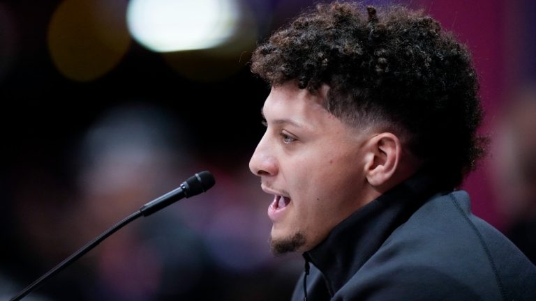 Kansas City Chiefs quarterback Patrick Mahomes speaks to the media during NFL football Super Bowl 58 opening night Monday, Feb. 5, 2024, in Las Vegas. The San Francisco 49ers face the Kansas City Chiefs in Super Bowl 58 on Sunday. (Charlie Riedel/AP)