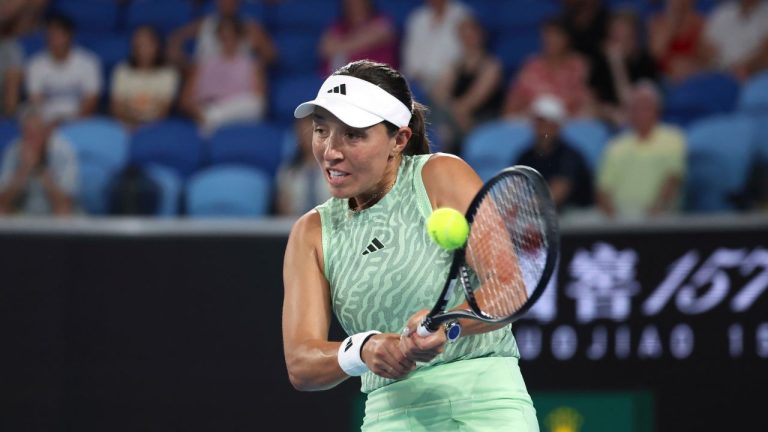 Jessica Pegula of the U.S. plays a backhand return. (AP)