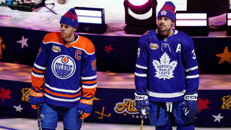 Edmonton Oilers' Connor McDavid and Toronto Maple Leafs' Auston Matthews stand prior to competing in the NHL All-Star skills competition in Toronto, Friday, Feb. 2, 2024. (Frank Gunn/CP)