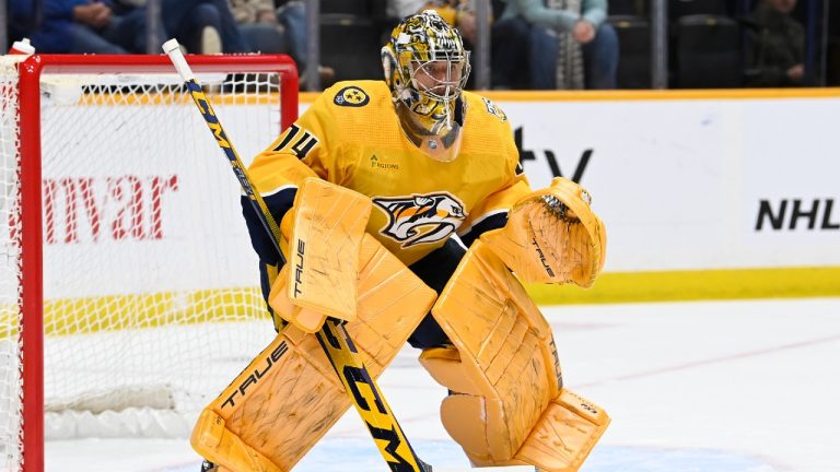 Nashville Predators goaltender Juuse Saros (74) plays against the Arizona Coyotes during the first period of an NHL hockey game Saturday, Feb. 10, 2024, in Nashville, Tenn. (Mark Zaleski/AP)