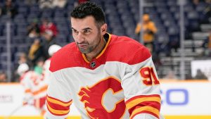 Calgary Flames centre Nazem Kadri warms up before the team's NHL hockey game against the Nashville Predators, Thursday, Jan. 4, 2024, in Nashville, Tenn. (George Walker IV/AP)