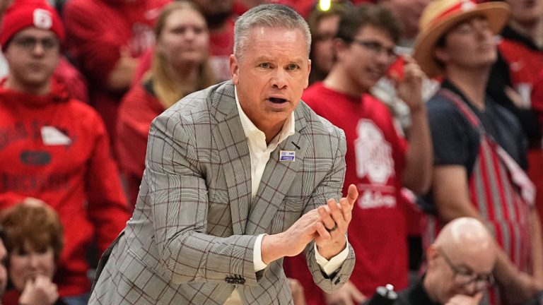 Chris Holtmann gestures in the first half of an NCAA college basketball game against Illinois, Tuesday, Jan. 30, 2024, in Columbus, Ohio. Ohio State fired the coach on Wednesday, Feb. 14, 2024 with the Buckeyes mired in yet another subpar season. (Sue Ogrocki/AP)