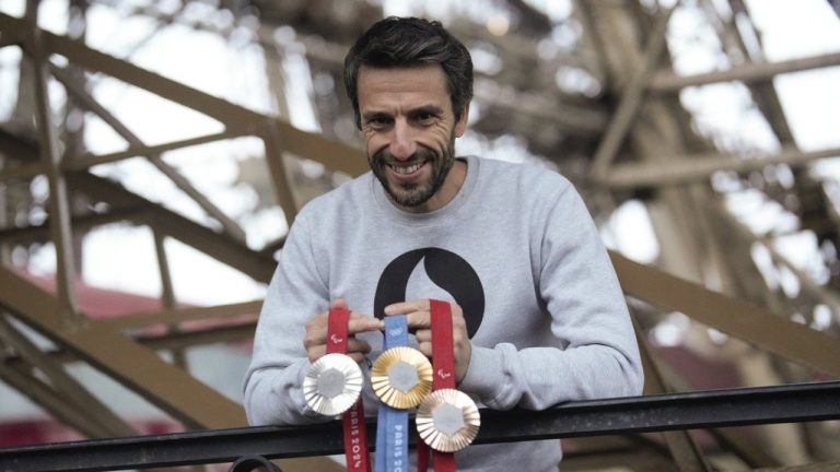 A hexagonal, polished piece of iron taken from the iconic landmark is being embedded in each gold, silver and bronze medal that will be hung around athletes’ necks at the July 26-Aug. 11 Paris Games and Paralympics that follow. (AP/Thibault Camus)