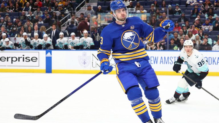 Buffalo Sabres defenceman Mattias Samuelsson skates during the first period of an NHL hockey game against the Seattle Kraken Tuesday, Jan. 9, 2024, in Buffalo, N.Y. (Jeffrey T. Barnes/AP Photo)