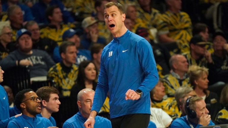 Duke head coach Jon Scheyer reacts to a call during the first half of an NCAA college basketball game against Wake Forest in Winston-Salem, N.C., Saturday, Feb. 24, 2024. (Chuck Burton/AP Photo)
