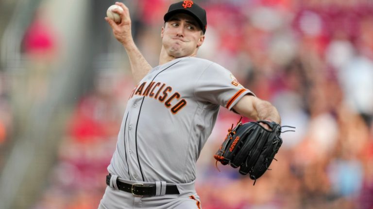 San Francisco Giants' Ross Stripling throws during a baseball game against the Cincinnati Reds in Cincinnati, Wednesday, July 19, 2023. (Aaron Doster/AP)