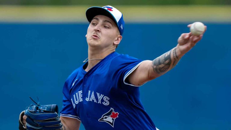 Toronto Blue Jays pitcher Ricky Tiedemann throws live batting practice during Spring Training action. (Frank Gunn/CP)