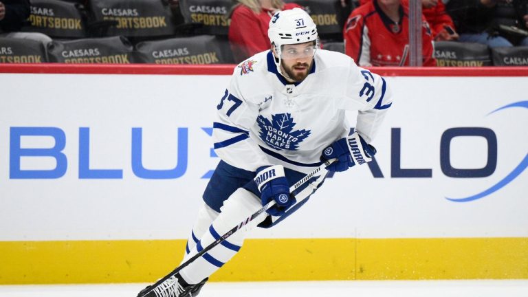 Toronto Maple Leafs defenceman Timothy Liljegren in action during the first period of an NHL hockey game against the Washington Capitals, Tuesday, Oct. 24, 2023, in Washington. (Nick Wass/AP Photo)