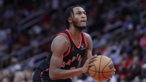 Toronto Raptors guard Immanuel Quickley during the second half of an NBA basketball game against the Houston Rockets Friday, Feb. 2, 2024, in Houston. (Michael Wyke/AP)