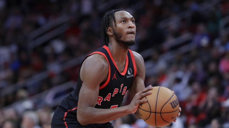 Toronto Raptors guard Immanuel Quickley during the second half of an NBA basketball game against the Houston Rockets Friday, Feb. 2, 2024, in Houston. (Michael Wyke/AP)