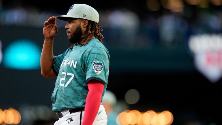 American League's Vladimir Guerrero Jr., of the Toronto Blue Jays, during the MLB All-Star baseball game against the National League in Seattle, Tuesday, July 11, 2023. (Lindsey Wasson/AP Photo)