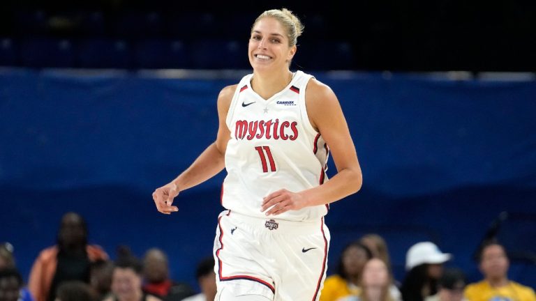 Washington Mystics' Elena Delle Donne smiles after scoring during a WNBA basketball game against the Chicago Sky Thursday, June 22, 2023, in Chicago. (Charles Rex Arbogast/AP)