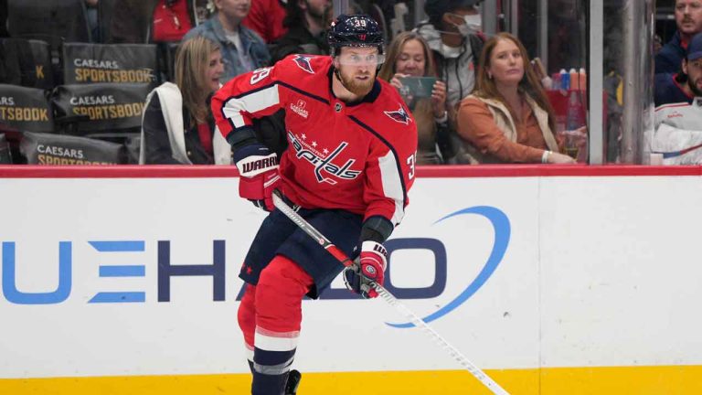 Former Washington Capitals right wing Anthony Mantha skates with the puck during the first period of an NHL hockey game against the Columbus Blue Jackets. (Jess Rapfogel/AP)